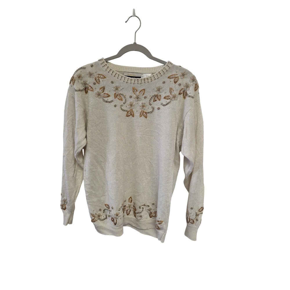 Vintage 90s Dana Scott Cream Beaded Floral Long Sleeve Knit Sweater Women's‎ M